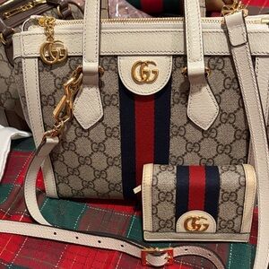 Gucci Beige and Red Handbag with Gold Accents